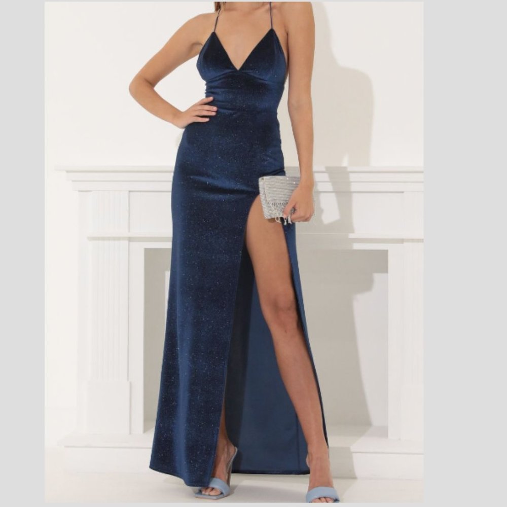 Lucy in the Sky: Kimberly Maxi Dress in Velvet Blue Shimmer - Size: XS